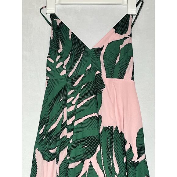 Express Asymmetrical Midi Dress 4 Pink Green Palm Print Strappy Back Sundress - Picture 3 of 12